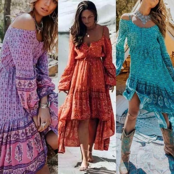 Boho Print Purple Dress Gypsy Western Cactus - Picture 2 of 6